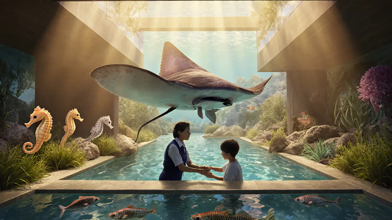 A child gently touches a stingray in a supervised pool surrounded by seahorses and desert fish.