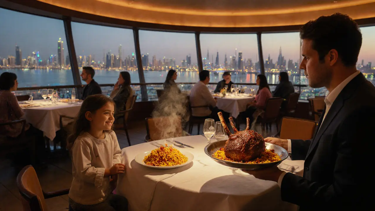 A child receives free kunafeh dessert from a staff member at a circular rooftop restaurant in Dubai Marina.
