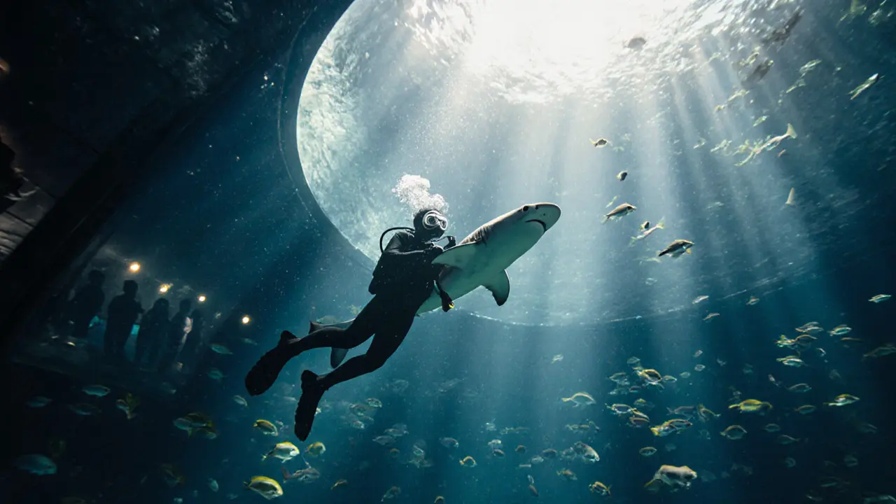A diver swims peacefully beside a large sand tiger shark in the aquarium's clear blue waters.