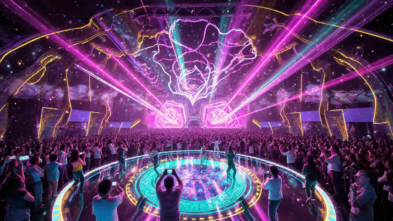Aerial view of a nightclub with laser walls, LED ribbons, and guests dancing under vibrant lights.