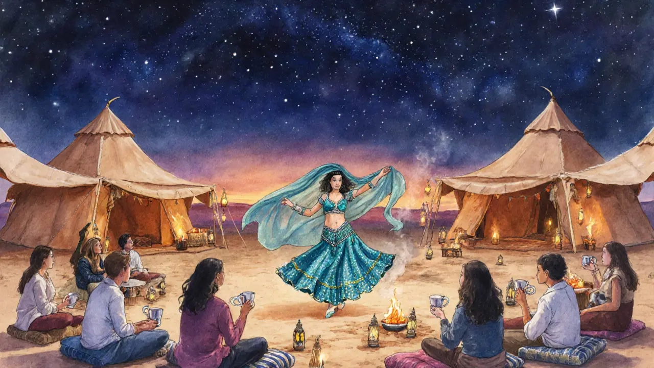 Bedouin camp at night with lanterns, belly dancer, and guests on cushions.