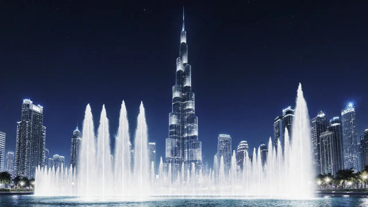 Burj Khalifa fountains illuminated by white beams rising through mist, surrounded by uniformly lit buildings.