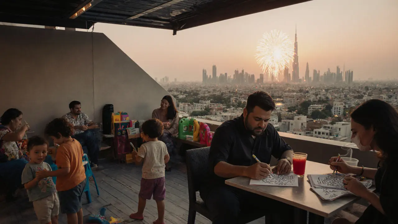 Children play quietly at a rooftop play corner while fireworks light up the Dubai skyline behind them.