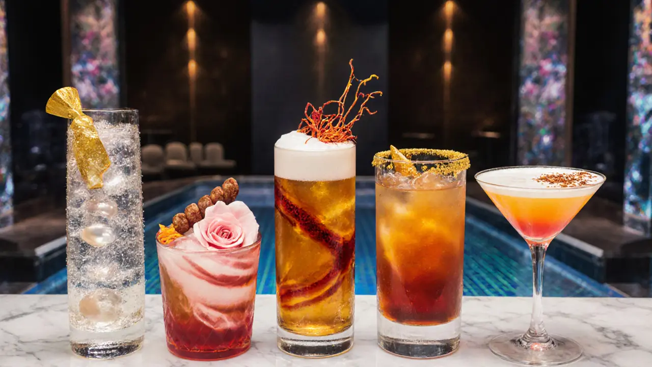 Close-up of five signature cocktails featuring gold leaf, rosewater, turmeric, saffron, and mango foam.