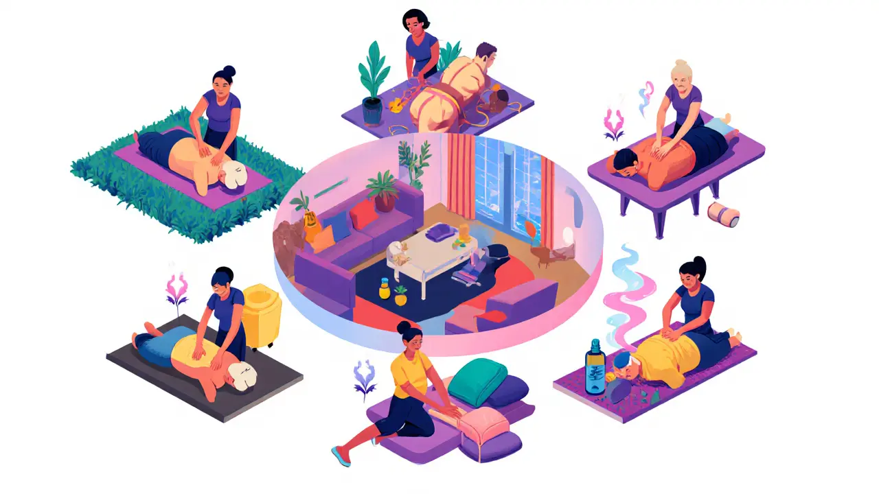 Collage of different home massage styles being performed in a living room.