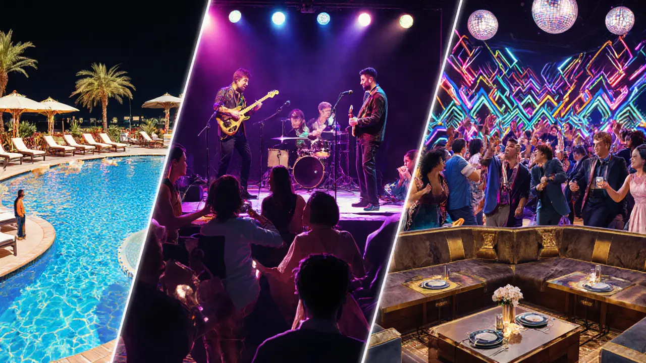 Collage of Dubai nightlife spots: beach club, live music stage, 80s party, hotel lounge.