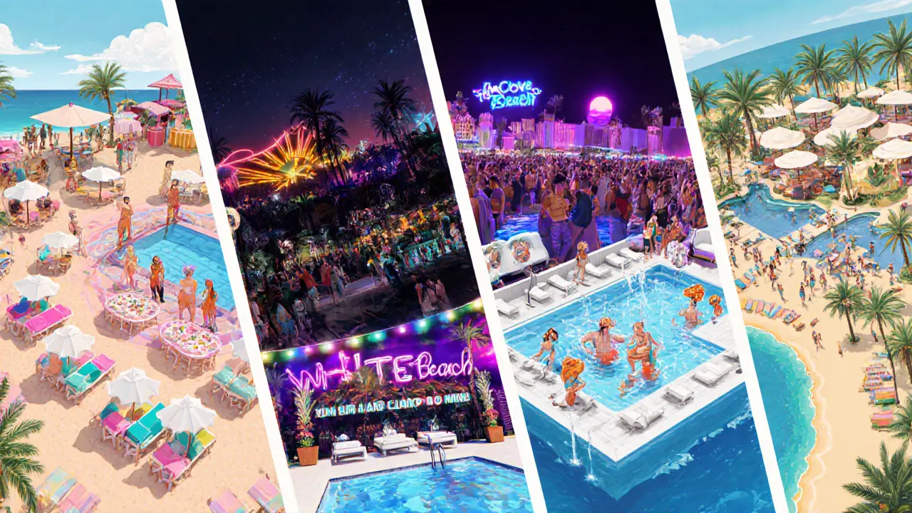 Collage of Nikki Beach, Zero Gravity, WHITE Beach, and Cove showing their unique vibes.