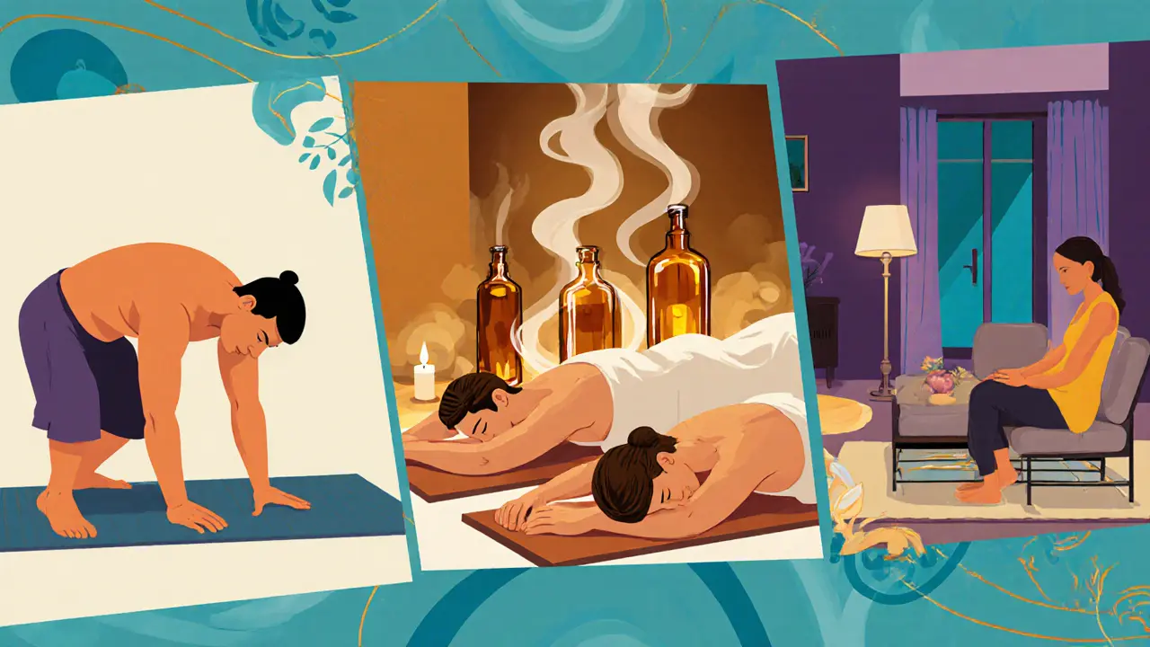 Collage of traditional Thai mat, oil, couples, and chair massages showing diverse settings.