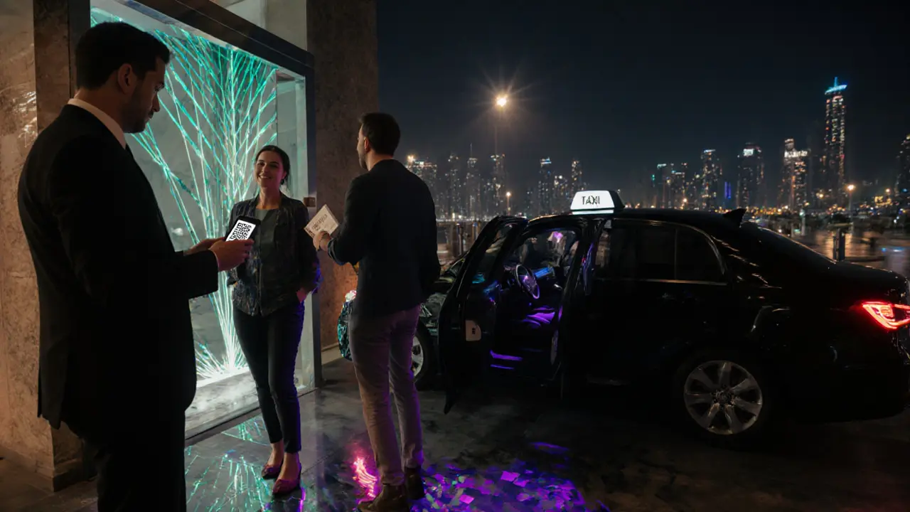 Couple leaving a Dubai club, showing ID check and boarding a licensed taxi at night.