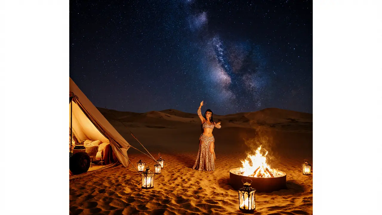 Desert night camp with belly dancer, BBQ fire, and starry sky over sand dunes.