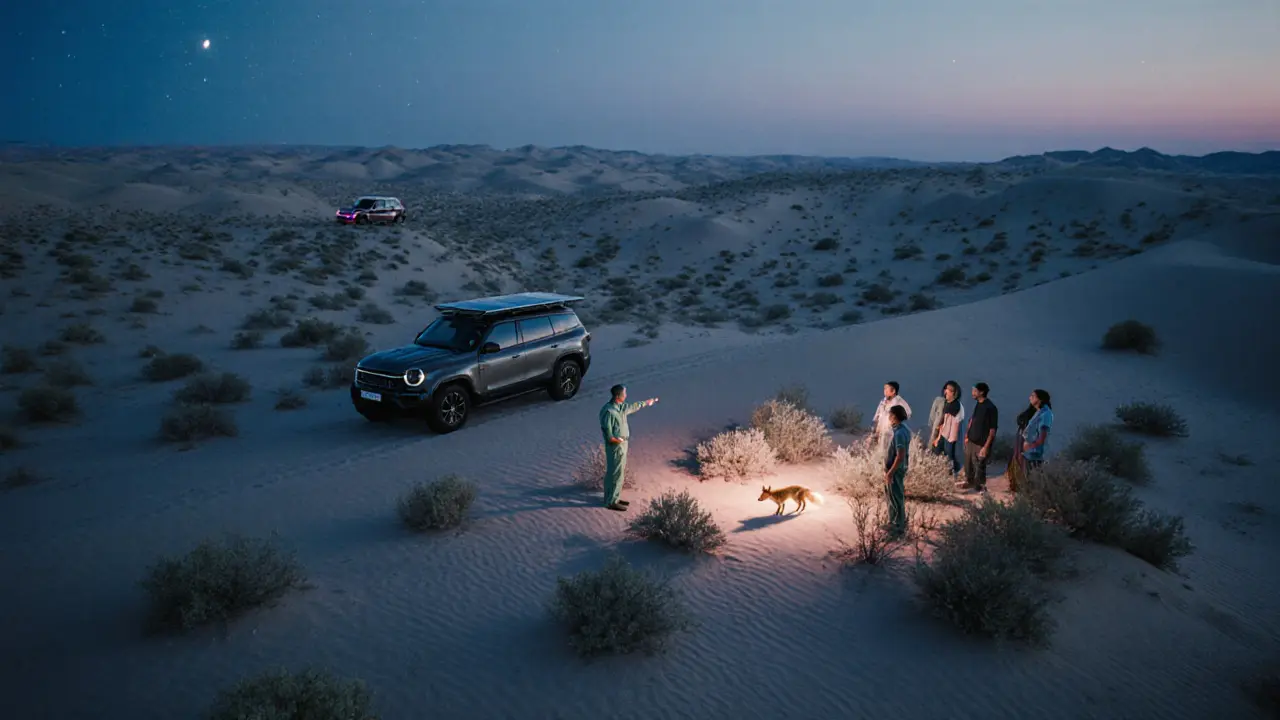 Eco‑friendly desert safari with electric 4x4s and a guide pointing at wildlife.