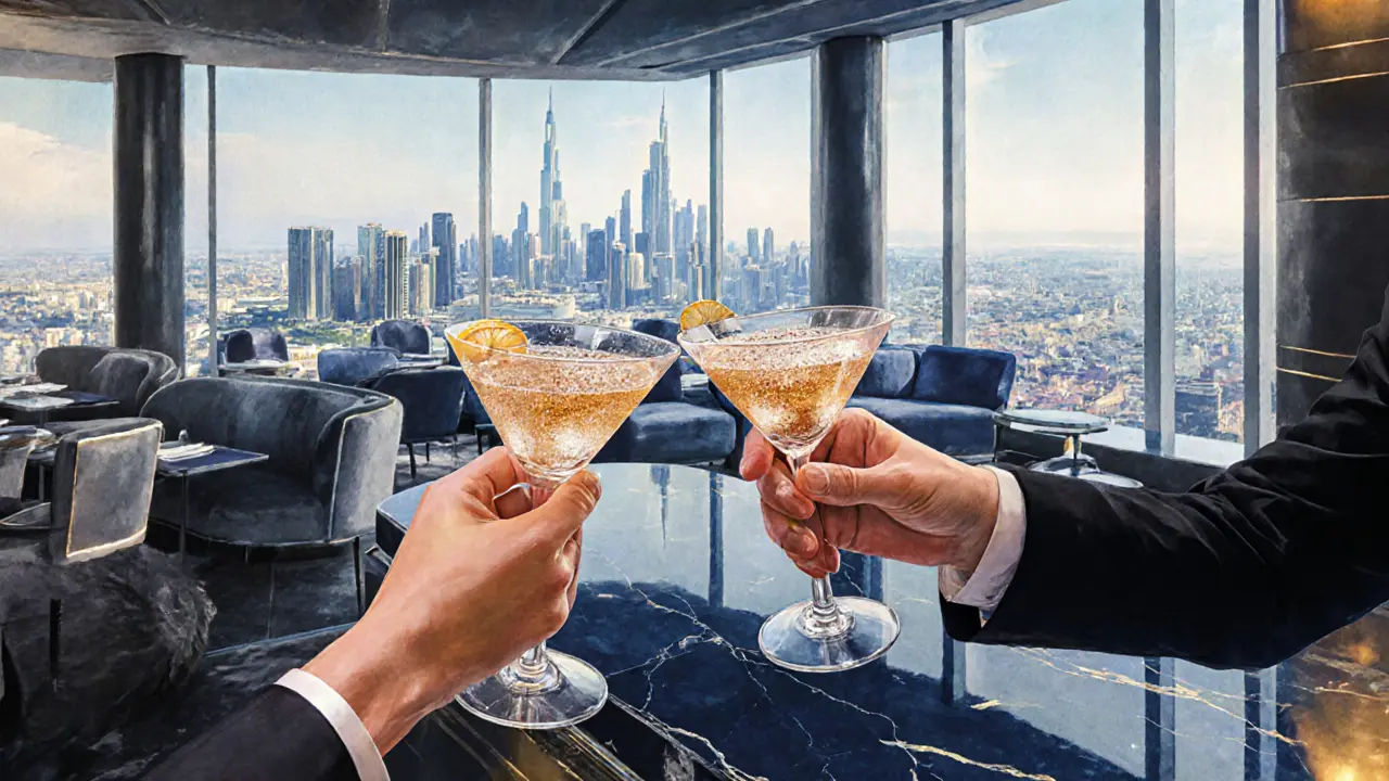 Elegant couple toasting cocktail at Level43 with panoramic view.