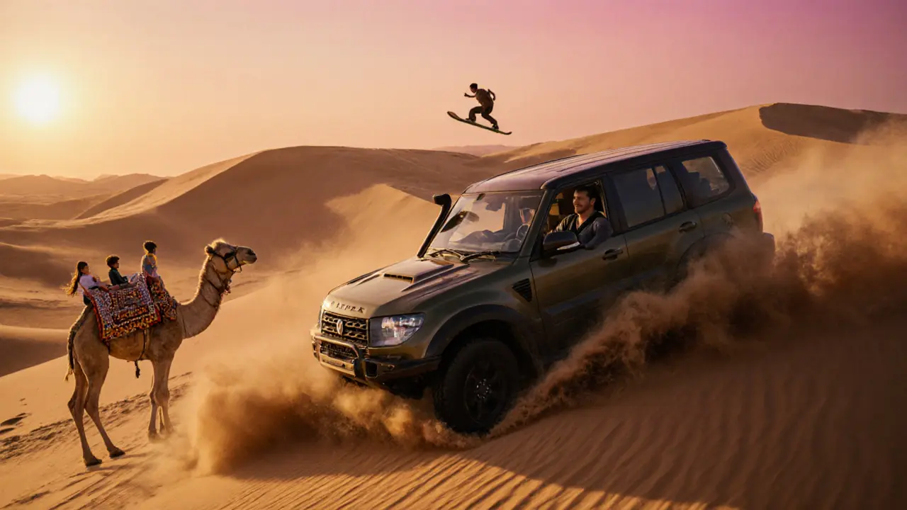 Evening desert safari with dune‑bashing vehicle, camel, and sandboarder at sunset.
