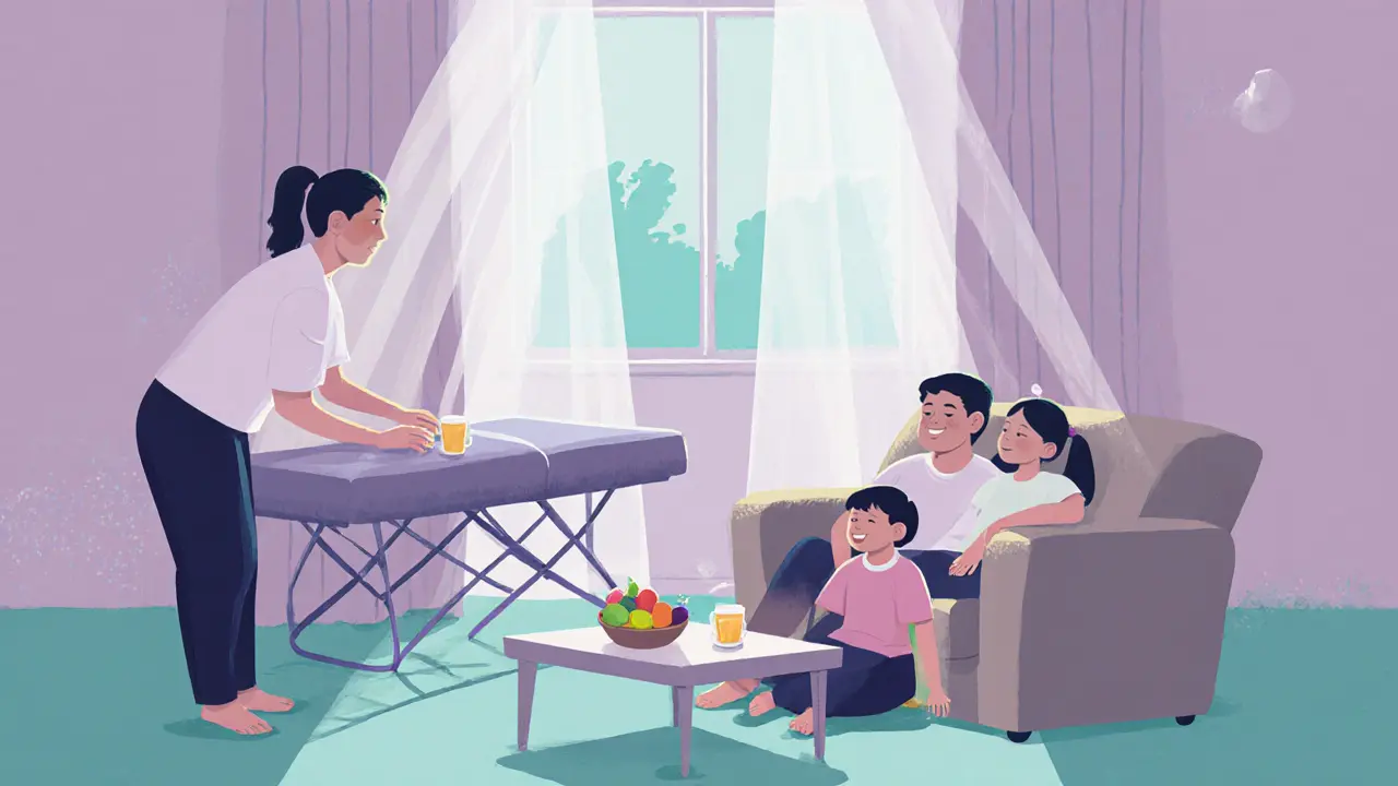 Family relaxing together after a home massage, with soft lighting and tea.