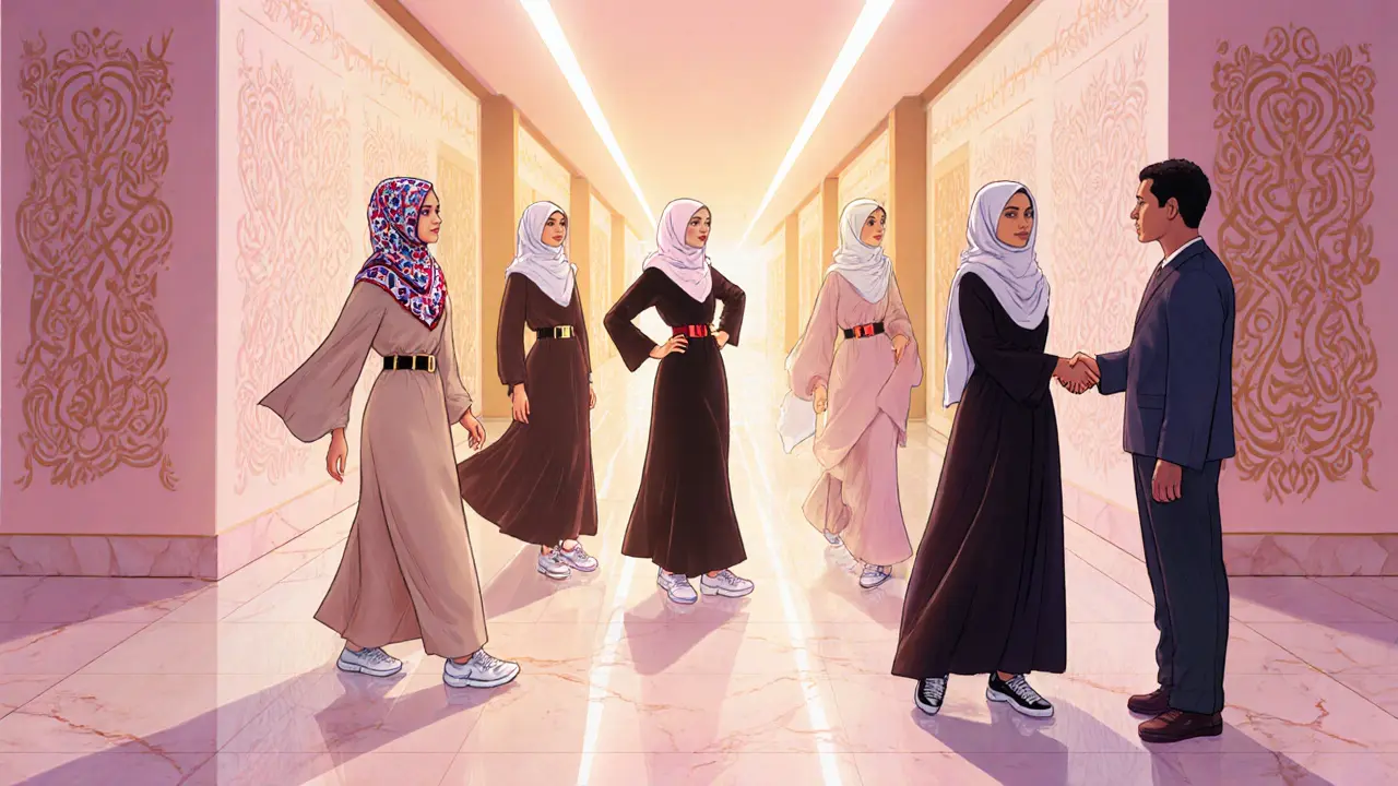 Fashion‑savvy Dubai women posing on a luxury mall corridor, blending traditional and modern styles.