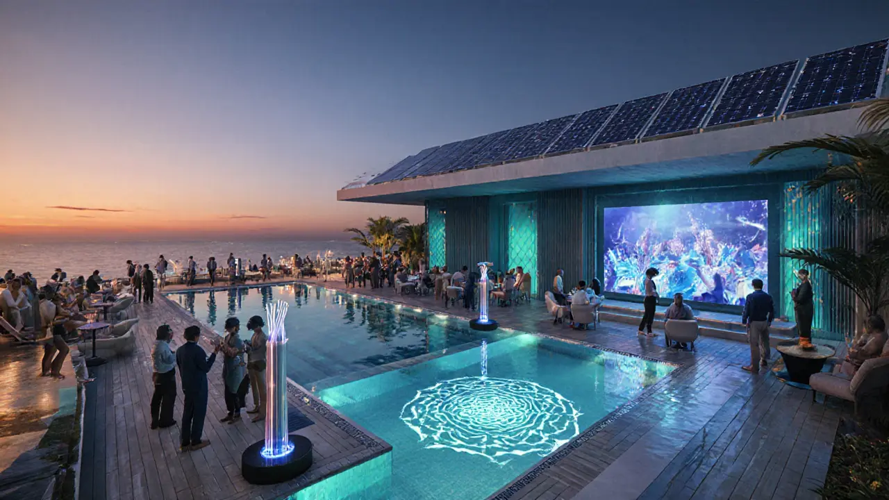Futuristic Dubai beach club at twilight with solar panels, AR sand art, and NFC wristbands.