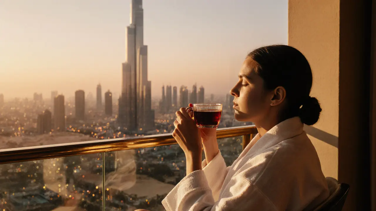 Guest in a robe relaxing on a balcony with Dubai skyline at sunset.
