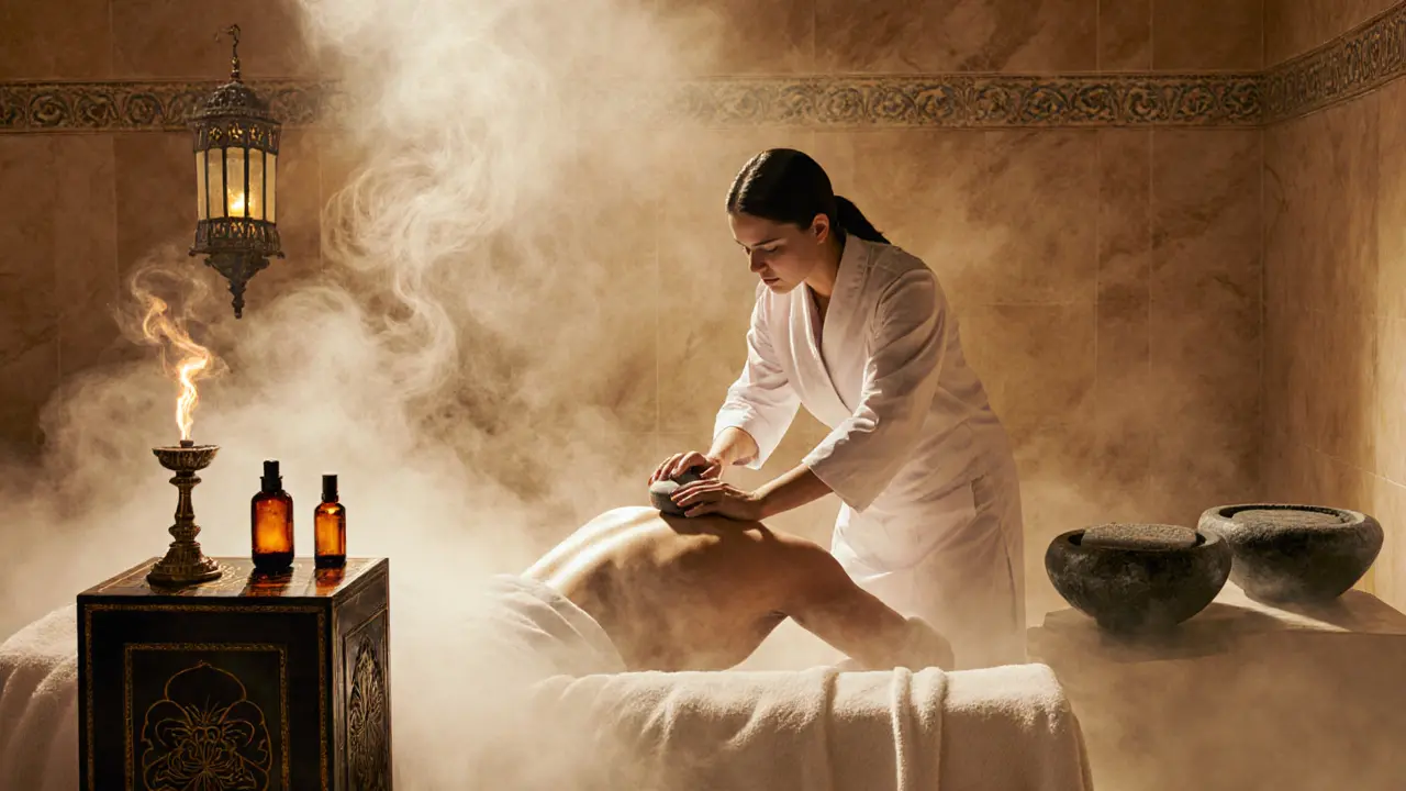 Hammam steam room with therapist using hot stones on a client.