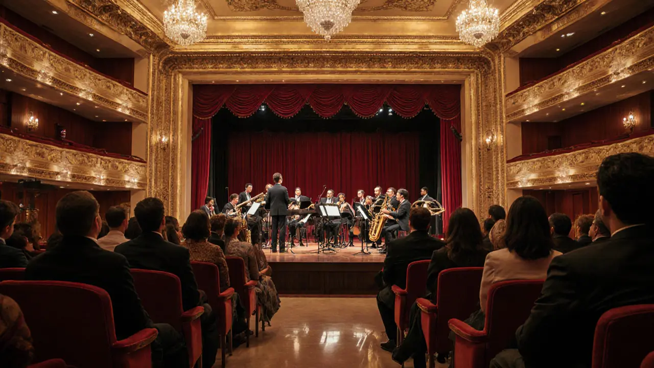 Inside Dubai Opera showing a jazz orchestra and elegant audience.