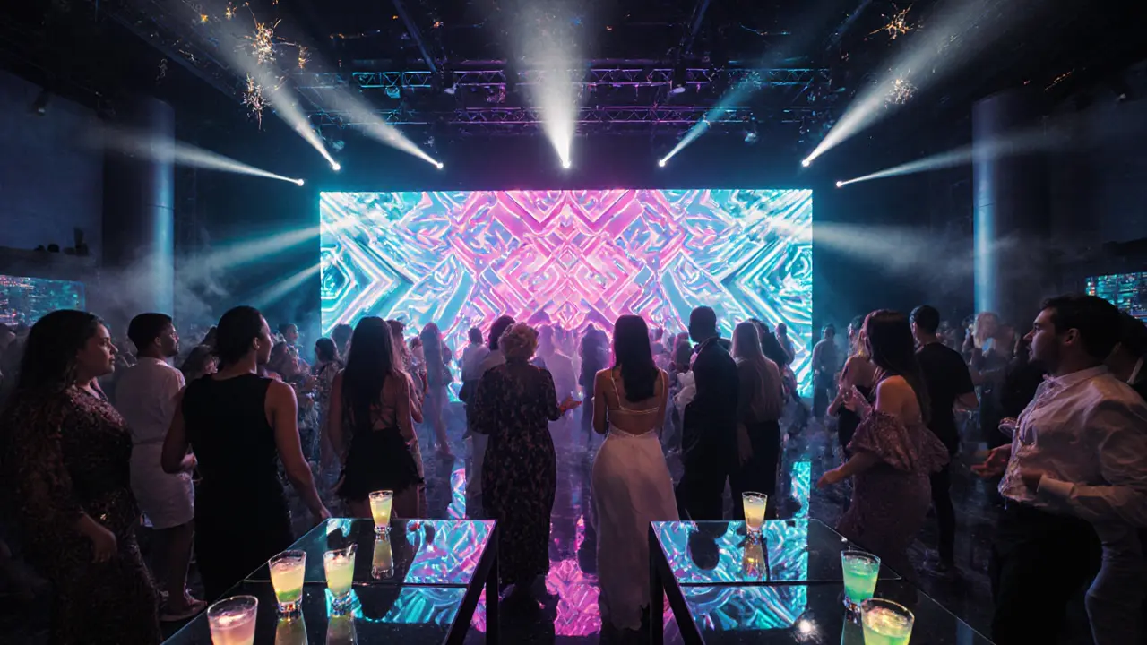 Inside White Dubai club with LED walls, dancing crowd, and vibrant light show.