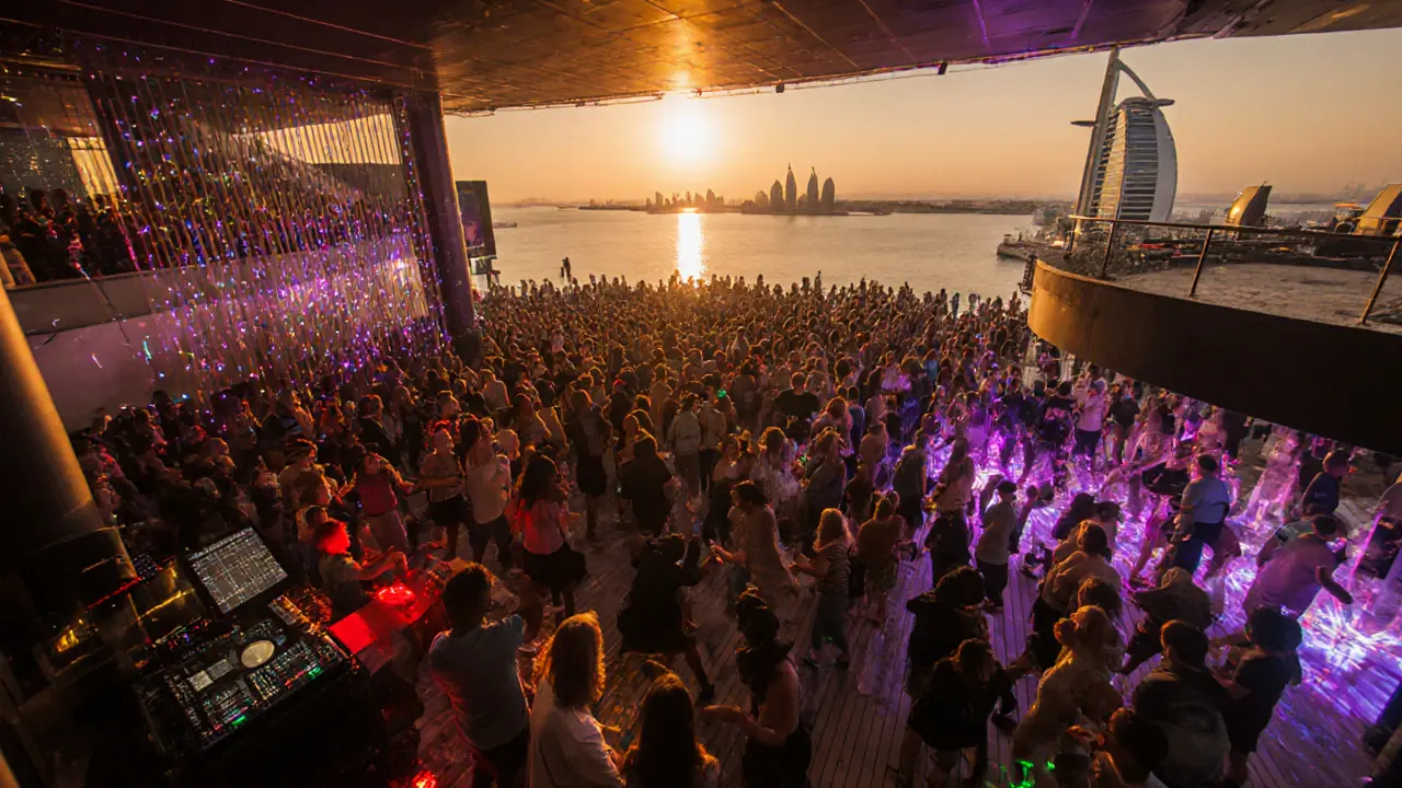 Interior view of Bass Room, Main Deck, and Sky Lounge with dancers, DJ booths, and sunset skyline.