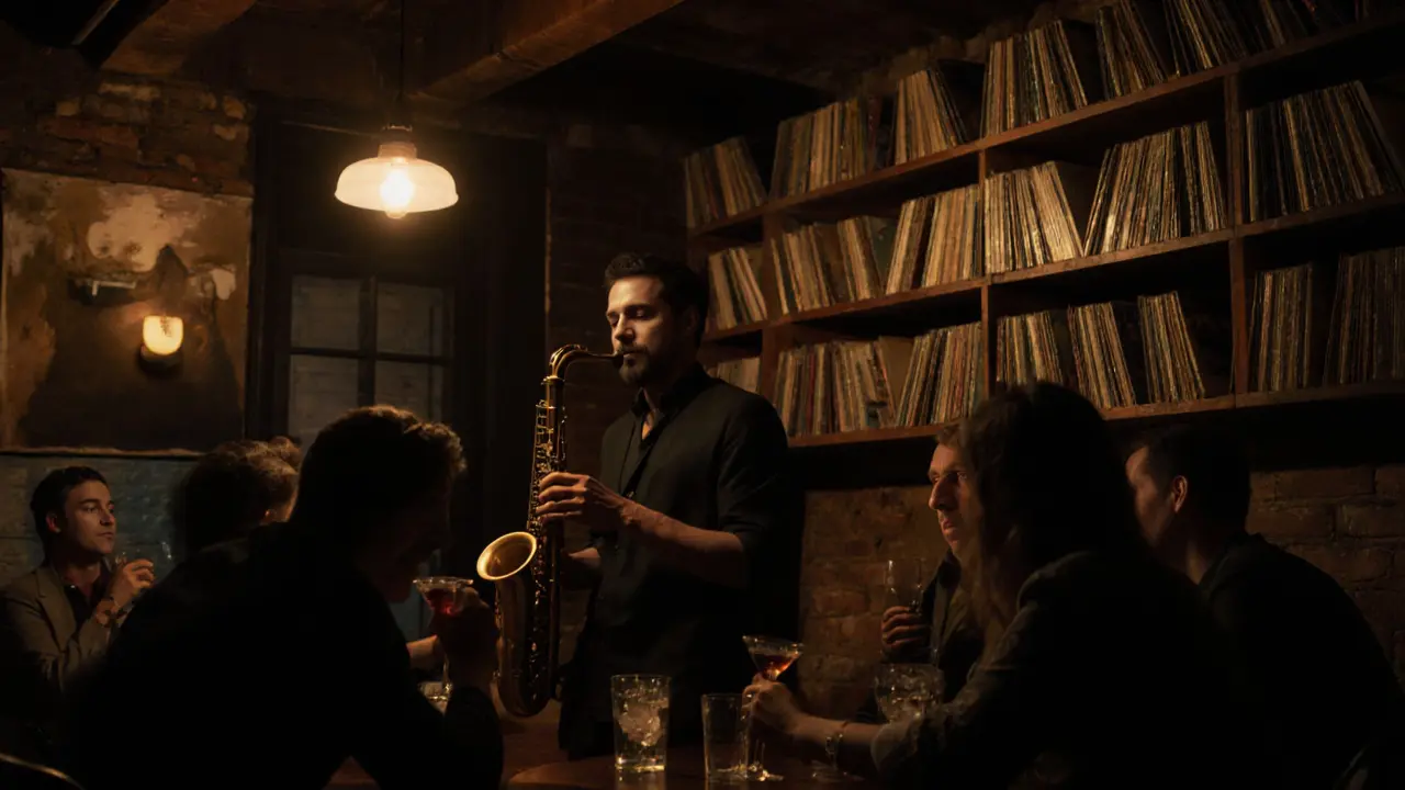 Intimate jazz lounge in Alserkal Avenue with dim lighting, vinyl records, and patrons listening quietly to a saxophonist.