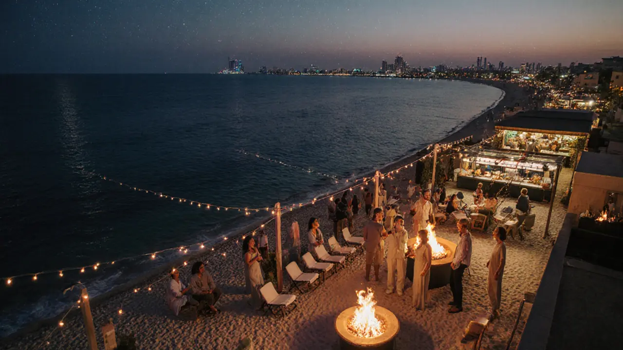La Mer beach at night with fire pits, string lights, and guests relaxing by the water near open seafood shacks.