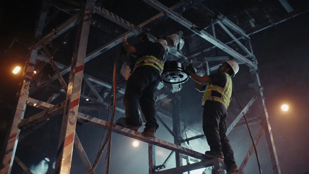 Lighting crew installing moving‑head fixtures and DMX cables on a club truss at night.