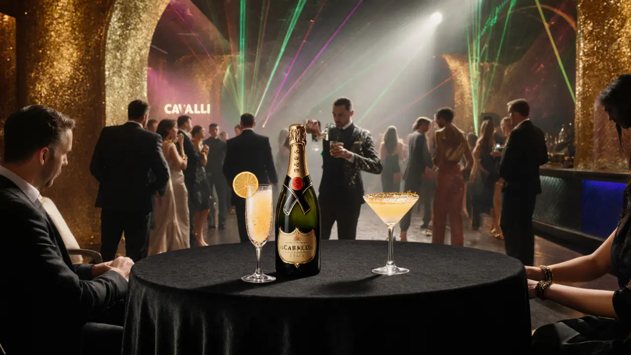 Luxurious Cavalli Club interior with VIP table, gold-leaf walls, laser lights, and stylish guests.