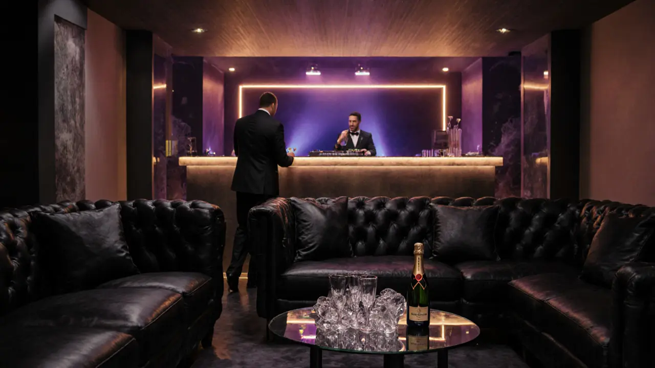 Luxurious VIP lounge with leather sofas, champagne bottle, and DJ booth.