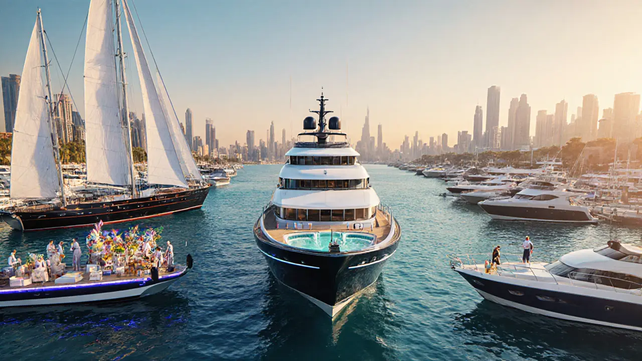 Marina scene showing various charter yachts ready for events.