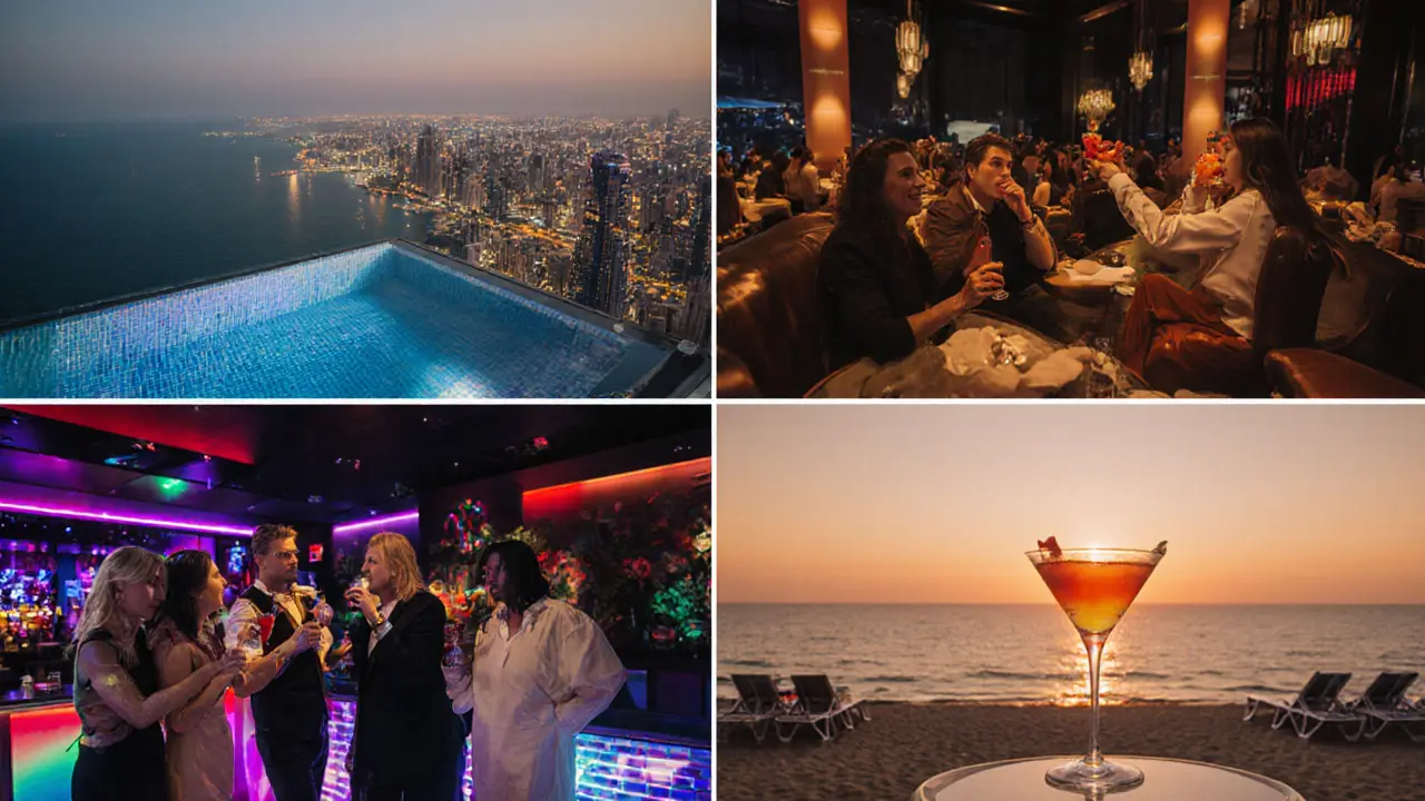 Montage of five Dubai cocktail lounges showing luxury sea view, high‑rise romance, vibrant party, and beach vibe.