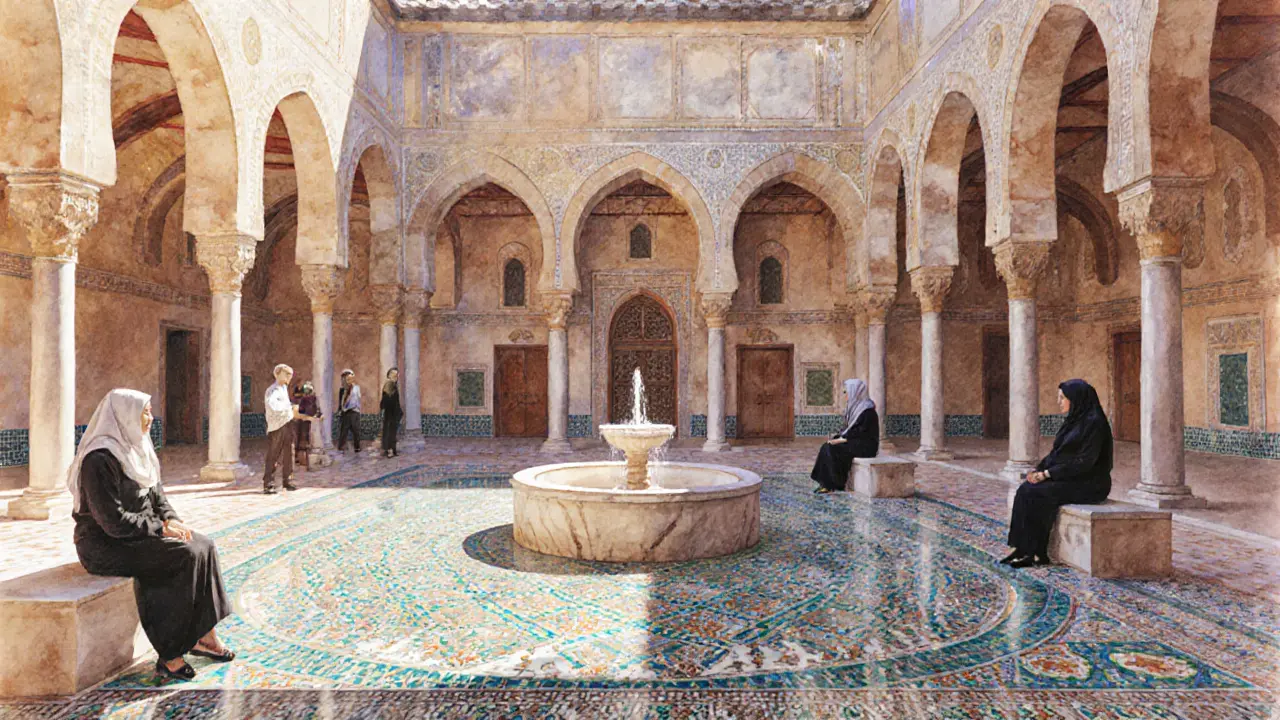 Mosque courtyard interior with mosaic tiles, marble fountain, and modestly dressed visitors in soft light.