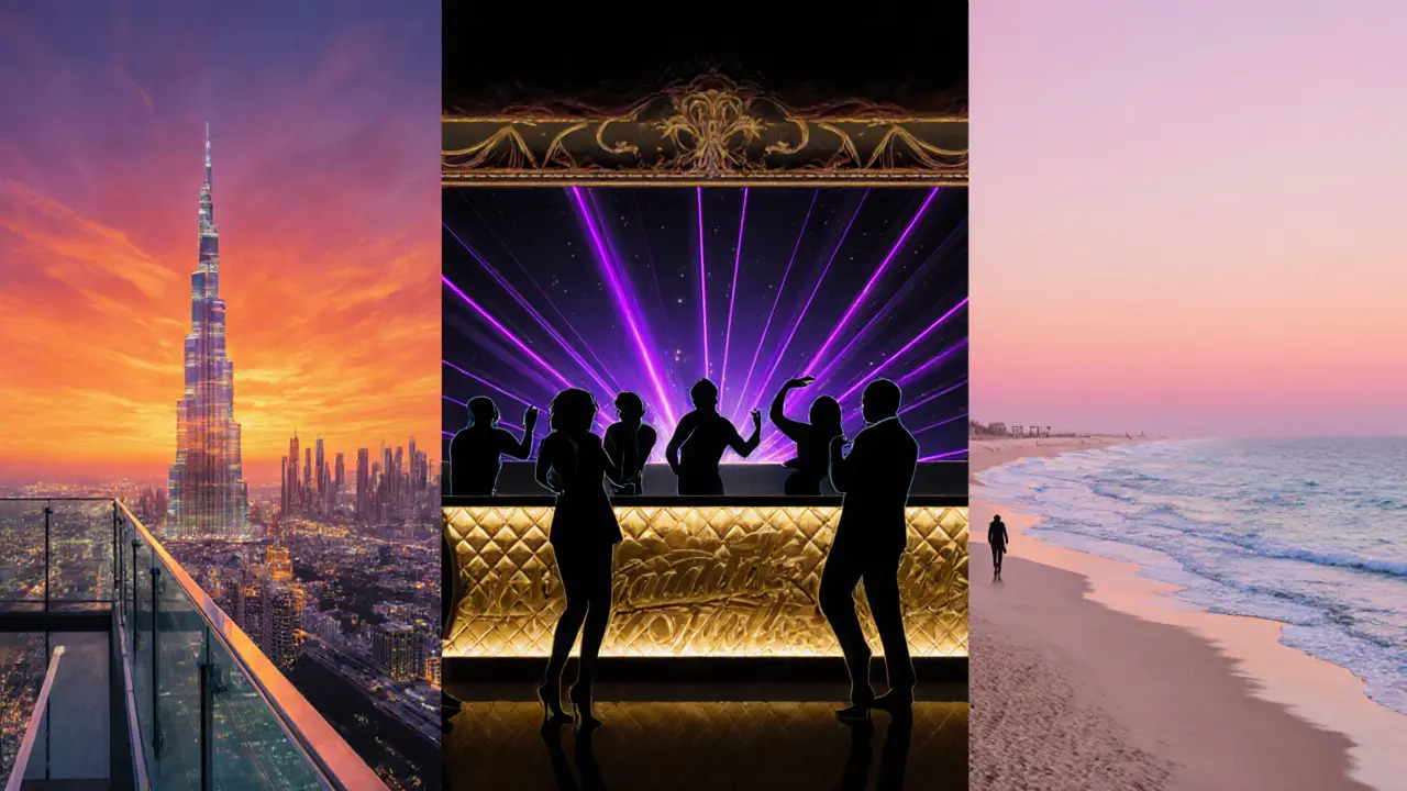 Night-to-dawn sequence showing rooftop bar, Cavalli Club party, and early morning beach walk.