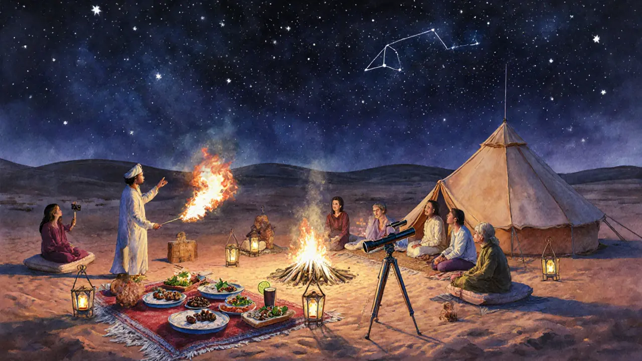 Nighttime Bedouin camp with lanterns, fire‑breather, dinner and stargazing telescope.