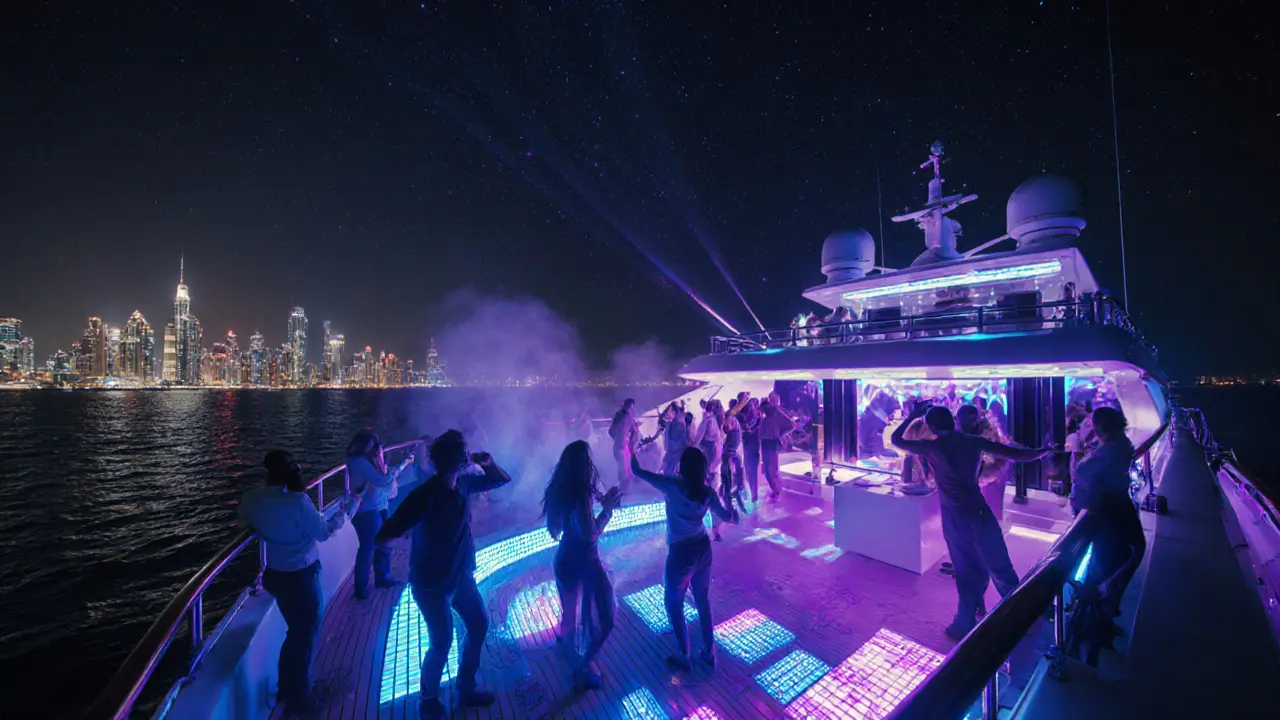 Nighttime yacht deck party with neon lights and dancing guests.