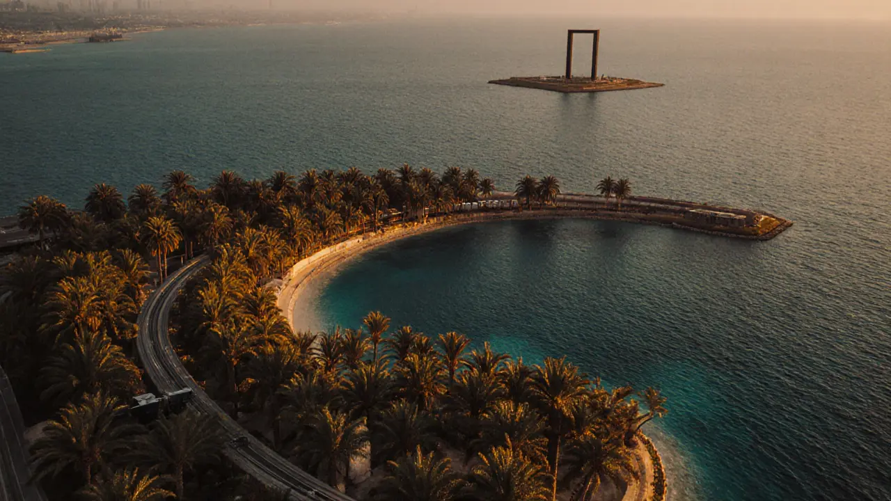 Palm Jumeirah’s golden crescent viewed from above at sunset, with monorail tracks and Dubai Frame in distance.
