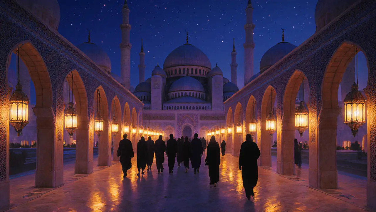 Ramadan night tour at the mosque, lanterns lighting silhouettes of domes and visitors walking.