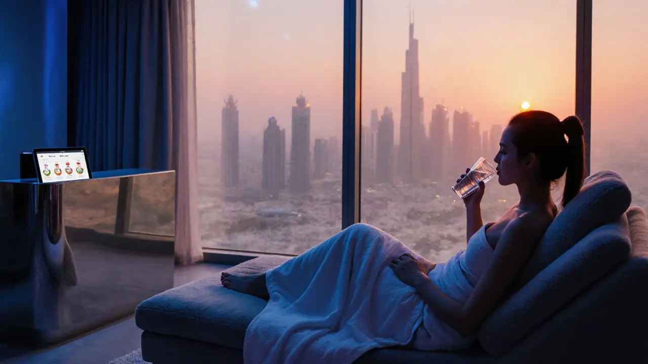 Relaxed client after Thai massage with sunset Dubai skyline and booking tablet nearby.
