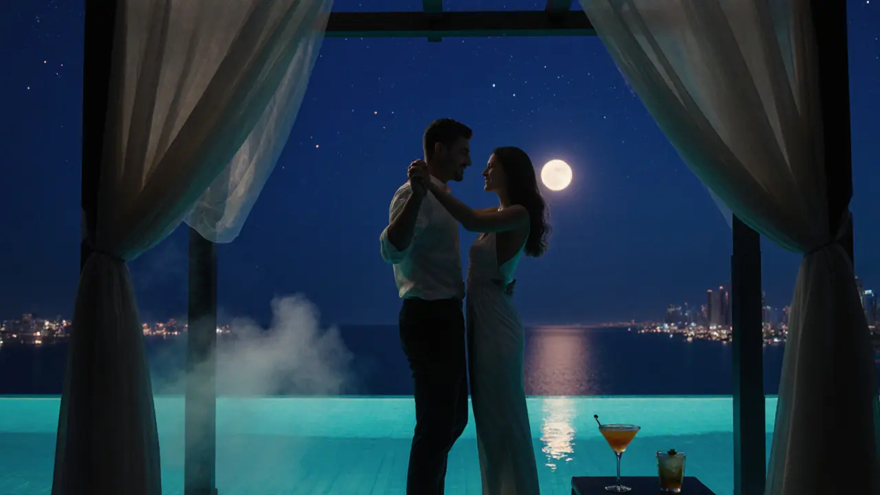 Romantic couple by infinity pool in a private cabana under stars.