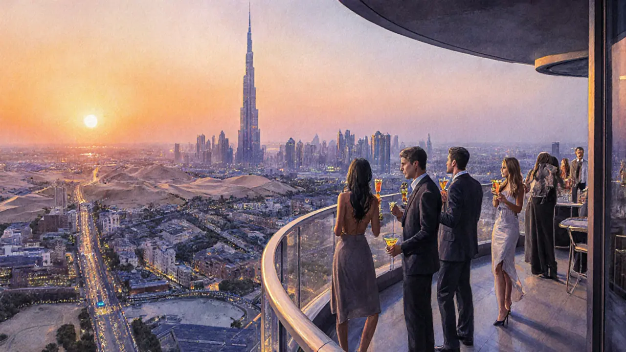 Sunset rooftop lounge with friends sipping cocktails and city lights in the background.