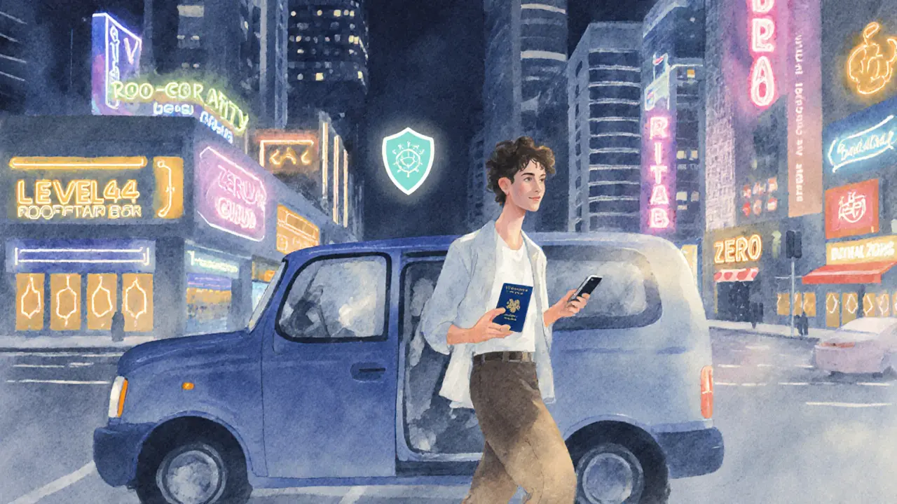 Traveler with passport exits rideshare near illuminated nightlife venues, emphasizing safety.