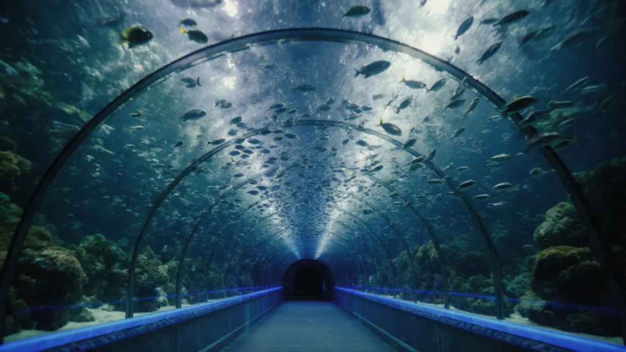 Underwater tunnel at Atlantis with fish swimming overhead in soft blue light.