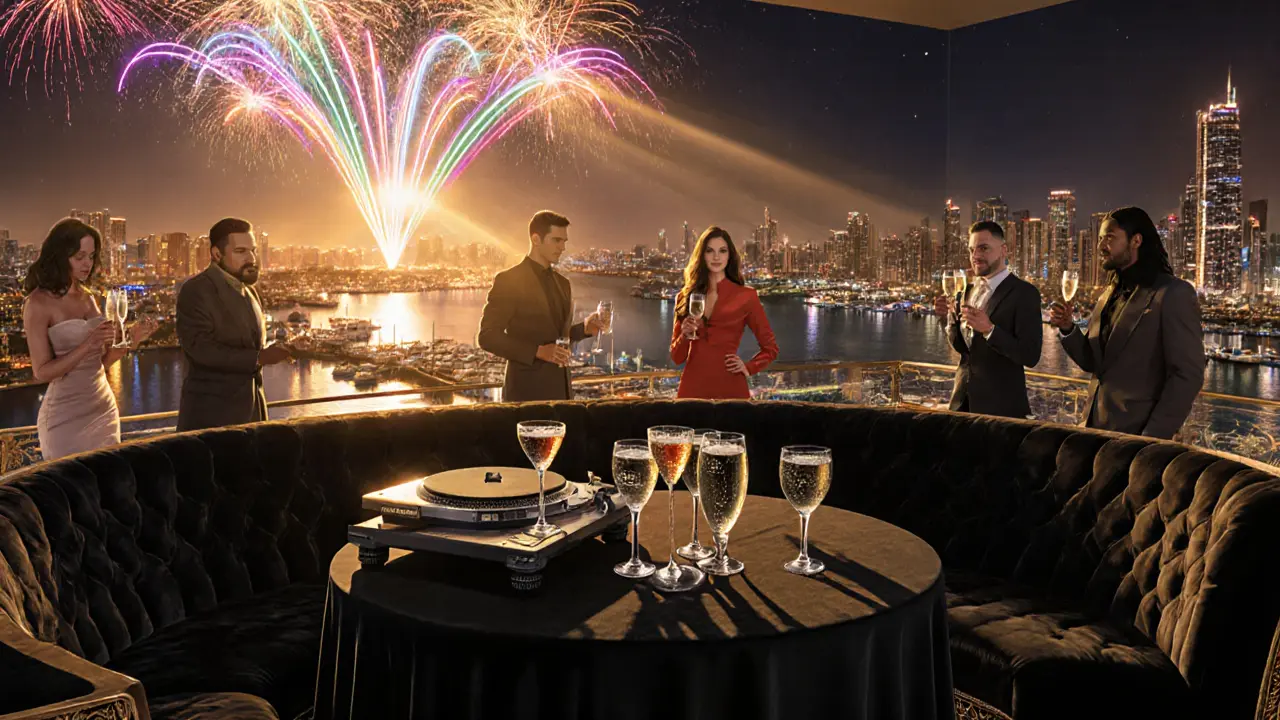 VIP rooftop table with elegant cocktails and fireworks over the marina at New Year's Eve.