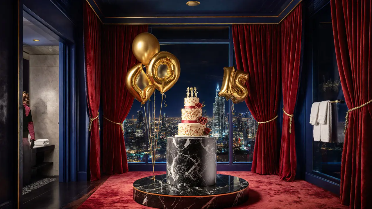 VVIP suite birthday setting with cake, performer, and Dubai skyline view.