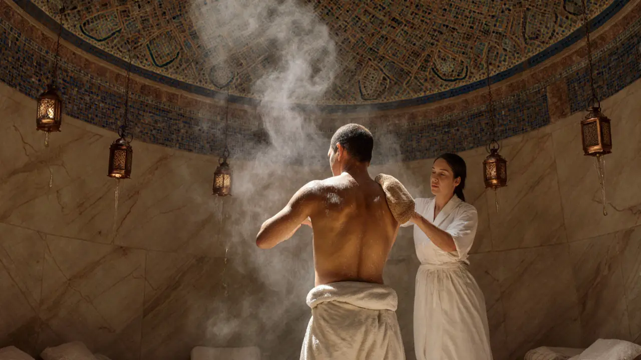A client undergoing an Arabian Hammam ritual in a steamy marble chamber with ornate tiles and lanterns.