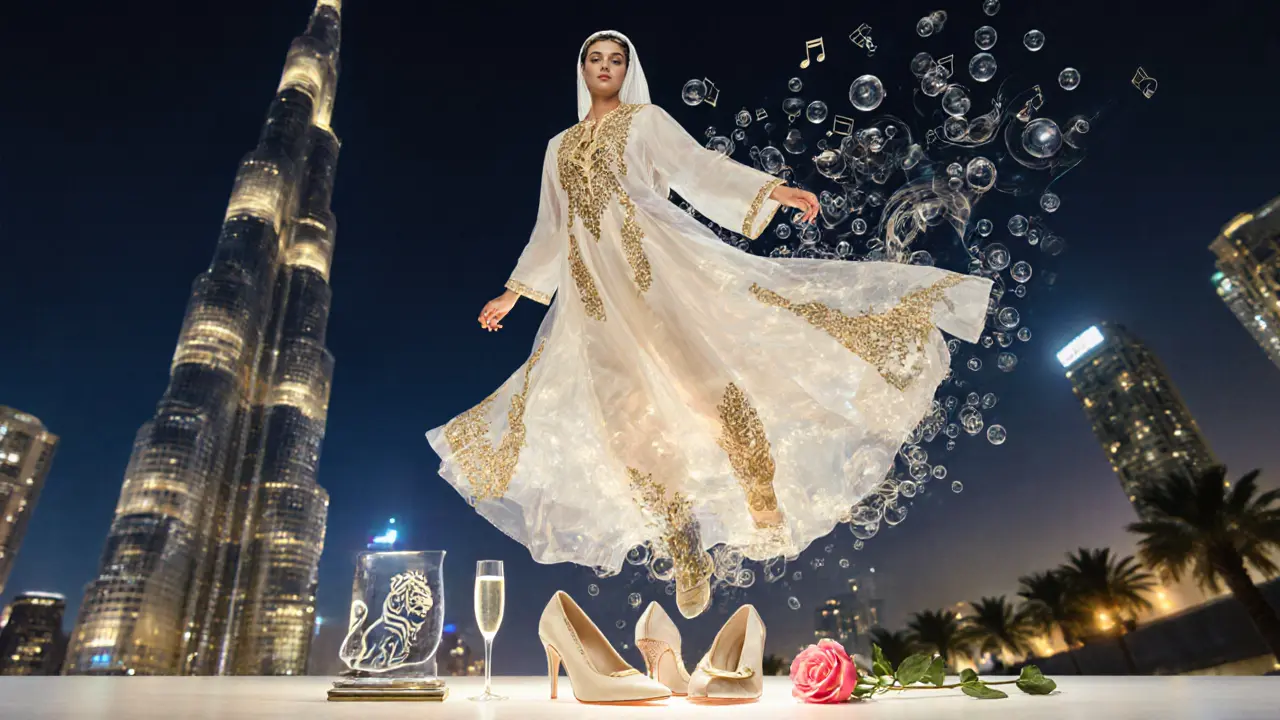 A floating silk abaya with gold embroidery above Dubai’s skyline, dissolving into champagne bubbles and the Cavalli lion emblem.