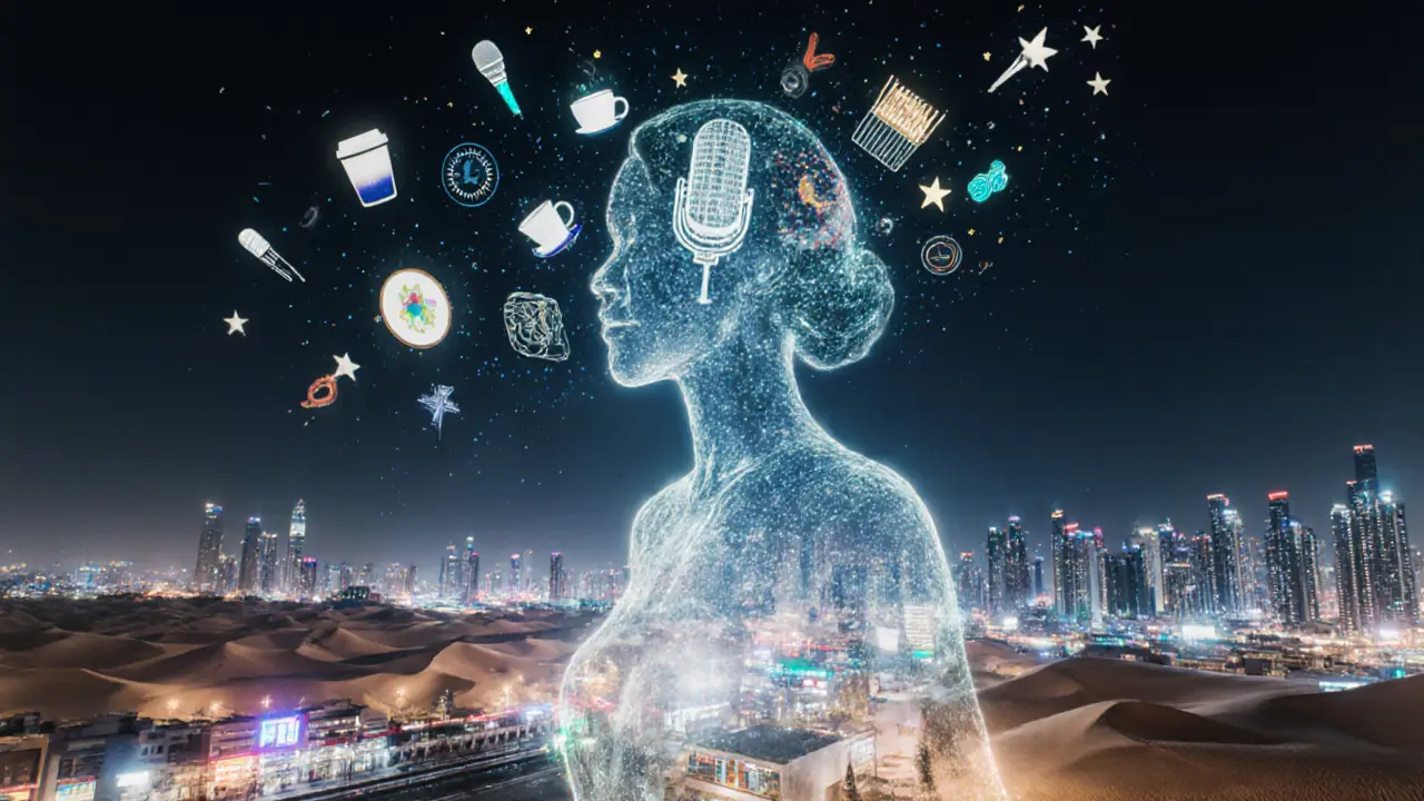 A glowing female figure made of cultural icons rising above Dubai’s skyline at night, symbolizing female innovation.