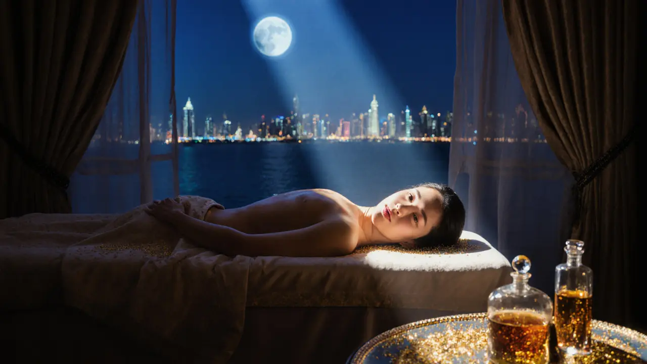 A massage with gold-flaked oil being applied in a serene, moonlit spa room in Dubai.