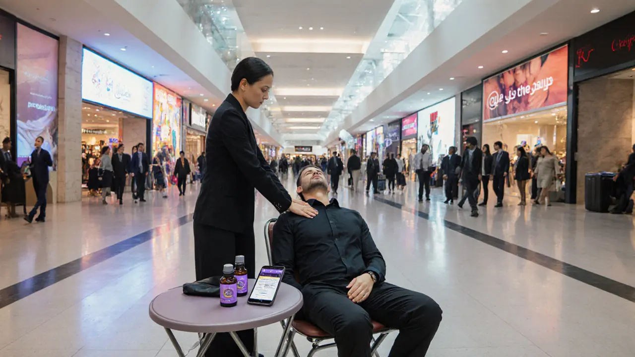 A mobile massage therapist working on a business traveler in a busy Dubai mall, focused on shoulder tension.